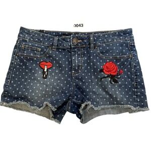 Lauren Conrad Denim Shorts Polka Dot Rose Lip Applique Frayed Hem Size 8